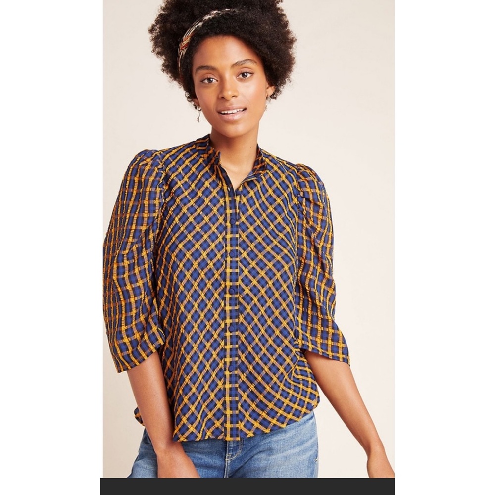 Eva Franco textured plaid puff sleeve blouse. NWOT. Retail 98.